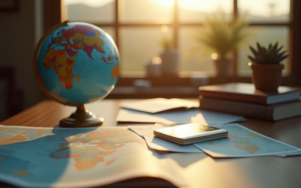 صورة ملهمة لكرة أرضية ووثائق سفر تمثل مكتبة معرفية